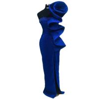 Polyester Slim & Plus Size Sexy Package Hip Dresses side slit patchwork Solid blue PC