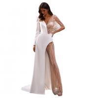 Polyester Slim Long Evening Dress see through look & deep V & side slit patchwork Solid white PC