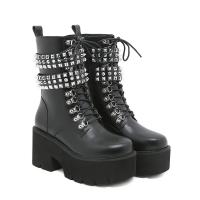 Microfiber PU Synthetic Leather & Rubber & PU Leather heighten & side zipper & high top Women Martens Boots Solid black Pair