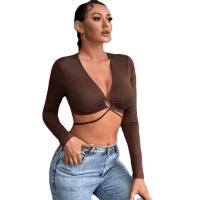 Polyester Slim & Crop Top Women Long Sleeve T-shirt deep V & backless patchwork Solid brown PC