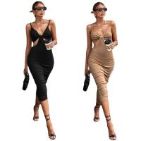 Rayon Waist-controlled & Slim Sexy Package Hip Dresses deep V & backless & hollow patchwork Solid PC
