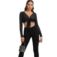 Spandex & Polyester Slim & Crop Top Women Long Sleeve Shirt see through look patchwork Solid black PC