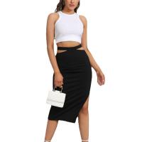 Spandex & Polyester Package Hip Skirt flexible & side slit & hollow patchwork Solid black PC