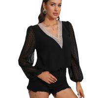 Polyester Women Long Sleeve Shirt & loose patchwork Solid black PC