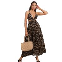 Polyester long style One-piece Dress deep V & side slit patchwork leopard PC