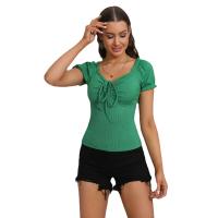 Spandex & Polyester scallop & Slim Women Short Sleeve T-Shirts Solid green PC