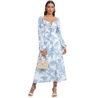 Polyester scallop & long style One-piece Dress printed Plant sky blue PC