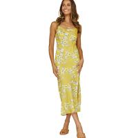 Polyester long style & High Waist One-piece Dress side slit printed Plant yellow PC