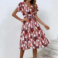 Polyester Waist-controlled One-piece Dress mid-long style & deep V printed PC
