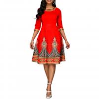 Polyester Plus Size & A-line One-piece Dress large hem design & mid-long style printed PC