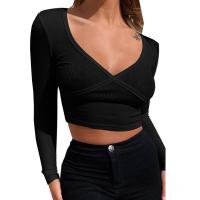 Polyester Crop Top Women Long Sleeve T-shirt & skinny patchwork Solid PC
