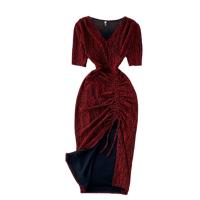 Paillette Cloth Waist-controlled & front slit Sexy Package Hip Dresses deep V Solid PC