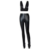 PU Leather Women Casual Set & two piece & skinny Pants & camis patchwork Solid black Set