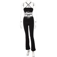 Polyester Crop Top Women Casual Set backless & two piece & off shoulder Pants & camis patchwork Solid black Set
