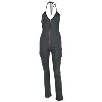 Polyester Slim Long Jumpsuit deep V & backless & off shoulder patchwork Solid gray PC