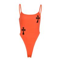 Polyester Slim Women Jumpsuit backless printed Cross orange PC