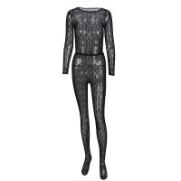 Gauze Women Casual Set see through look & two piece Pants & top patchwork Solid black Set