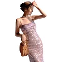 Polyester Waist-controlled & Slim & High Waist Slip Dress backless patchwork purple PC