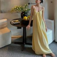 Polyester Slip Dress deep V & backless & loose patchwork Solid yellow PC