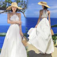 Polyester Slim & High Waist Slip Dress side slit & off shoulder patchwork Solid white PC