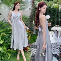 Polyester Slim Slip Dress backless patchwork Solid silver PC