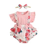 Polyester & Cotton Baby Clothes Set with bowknot & three piece suspender pant & headband & top printed shivering Set