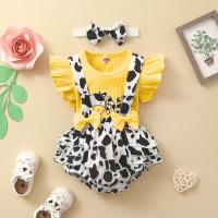 Polyester & Cotton Baby Clothes Set with bowknot & three piece suspender pant & headband & top printed animal prints Set