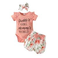 Polyester & Cotton Baby Clothes Set with bowknot & three piece headband & Pants & top printed letter Set