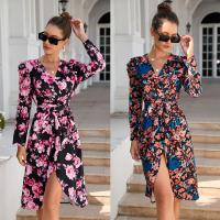 Polyester & Cotton front slit One-piece Dress irregular & mid-long style & deep V printed floral PC