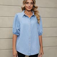 Seda artificial Mujeres camisa de manga corta, Sólido, azul,  trozo