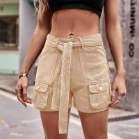 Rayon Middle Waist Shorts & with belt & loose & with pocket patchwork Solid PC