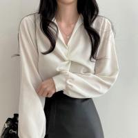 Polyester Frauen Langarm Shirt, Patchwork, Solide, Weiß,  Stück