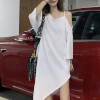 Polyester T-shirt Dress & loose patchwork Solid PC