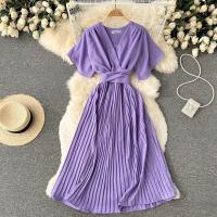 Ladies Summer New Chiffon Waist-controlled One-piece Dress deep V patchwork Solid Maxi Dress Lady Belt Slim Fit Lace-up Pleated Long Dress