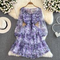 Chiffon Waist-controlled One-piece Dress slimming & deep V printed purple PC