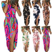 Polyester and Cotton Slim & Plus Size Boat Neck One-piece Dress side slit printed PC