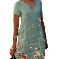 Cotton Linen Plus Size One-piece Dress slimming printed floral PC