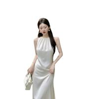 Satin Waist-controlled & Slim One-piece Dress patchwork Solid white PC