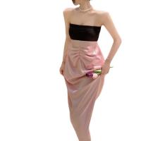 Polyester Slim Tube Top Dress backless & off shoulder patchwork Solid PC