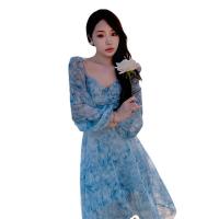 Polyester Waist-controlled One-piece Dress irregular patchwork blue PC