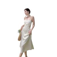 Polyester Waist-controlled & Slim Slip Dress backless patchwork Solid beige PC