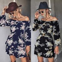 Polyester Waist-controlled & Slim One-piece Dress & off shoulder printed PC