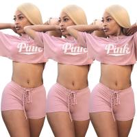 Polyester With Siamese Cap Women Casual Set & two piece short pants & top printed letter pink Set