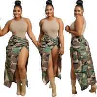 Polyester High Waist Skirt mid-long style & side slit & with pocket printed camouflage PC