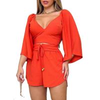 Polyester High Waist Women Casual Set deep V & backless & two piece short pants & top Solid Set