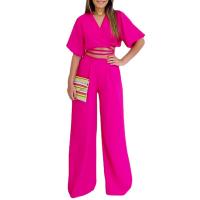 Polyester Wide Leg Trousers & High Waist Women Casual Set deep V & two piece Long Trousers & top Solid Set