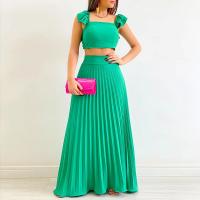 Polyester long style & Pleated & High Waist Two-Piece Dress Set Solid Set