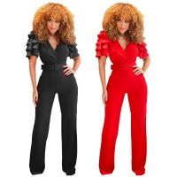 Polyester scallop Long Jumpsuit flexible & deep V patchwork Solid PC