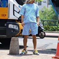 Polyester Men Casual Set & two piece & loose short & short sleeve T-shirts plaid Set