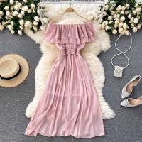 Chiffon Waist-controlled One-piece Dress slimming & off shoulder Solid : PC